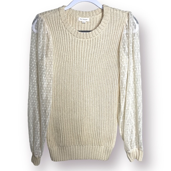 Blu Pepper Size M Beige Sheer Polka Dot Sleeve Rib Knit Scoop Neck Sweater - Picture 1 of 10